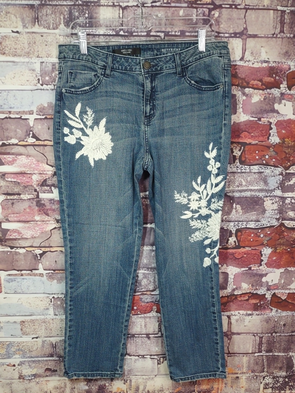 Simply Vera Vera Wang Blue Denim Boyfriend Jeans with White Floral Embroidery